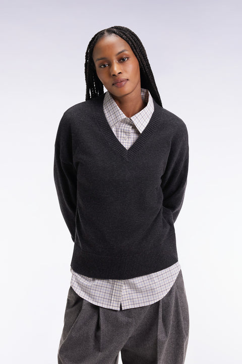 Pull à col V en laine et coton gris coupe Relaxed - Image 1