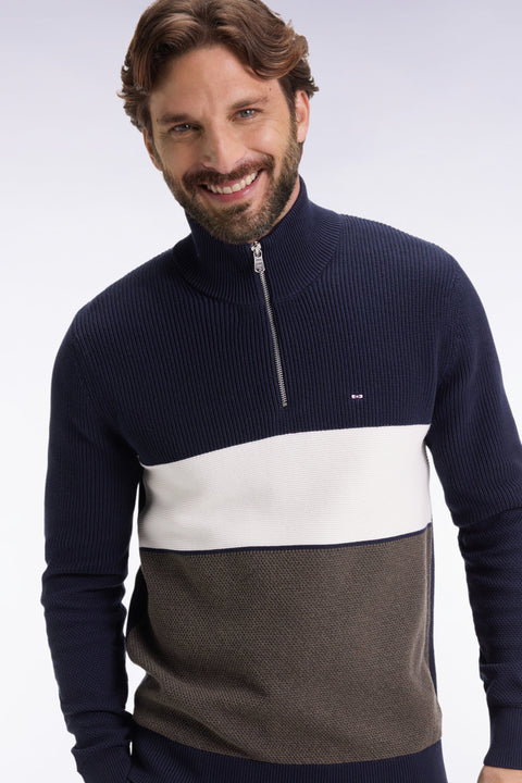 Pull col camionneur en coton marron et marine à effet de rayure - Image 1