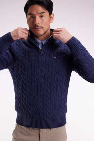 Truck-neck sweater in navy cotton twill