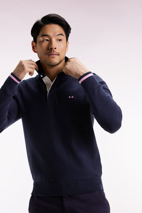 Pull col maillot en coton marine broderie 10 - Image 1