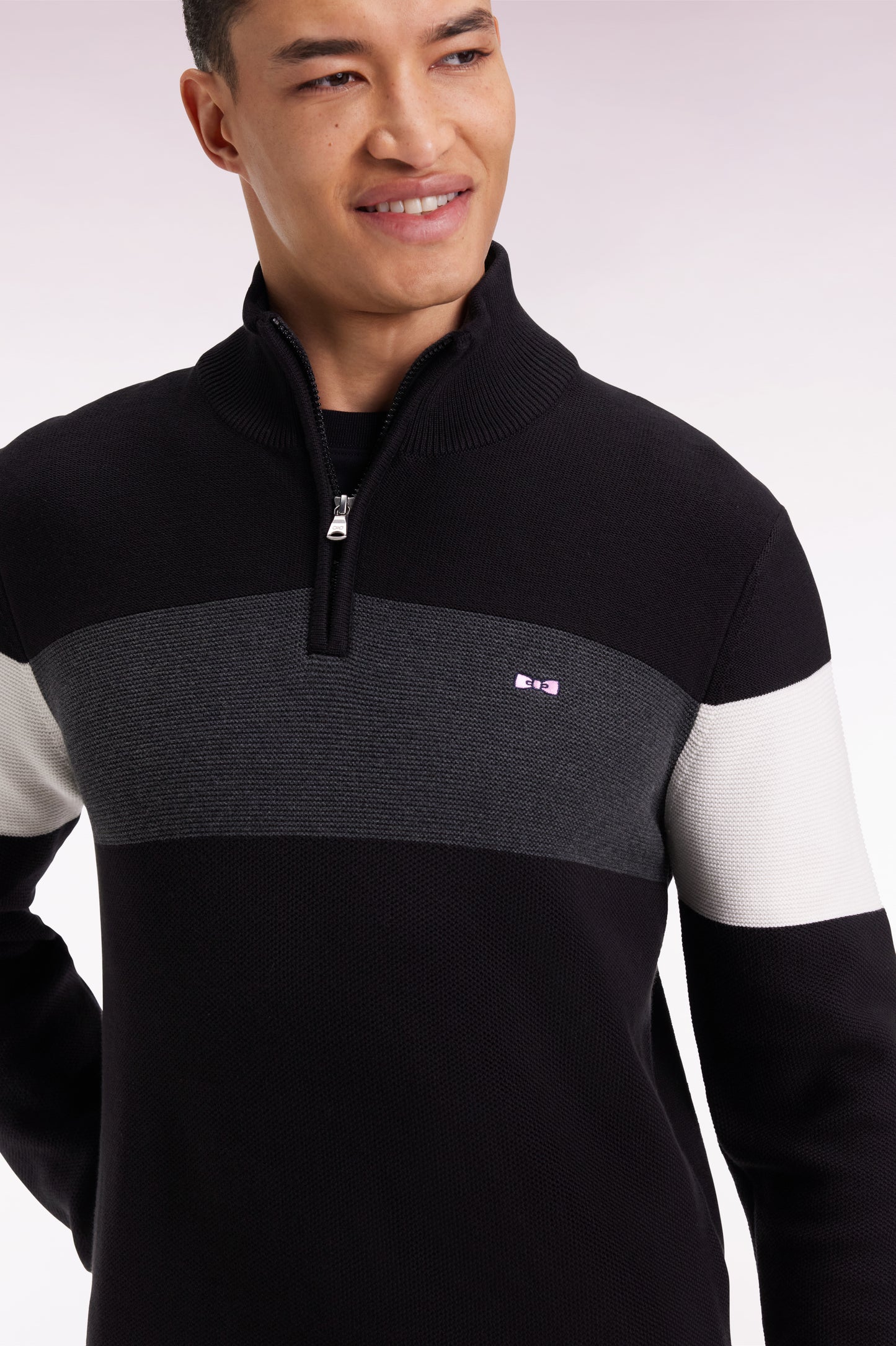 Pull col camionneur en coton noir broderie dos
