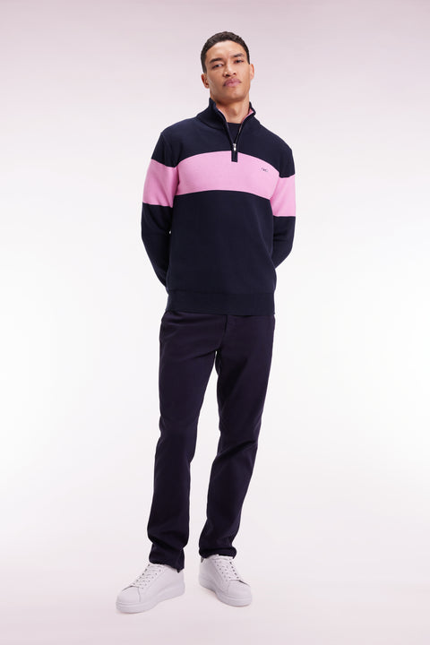 Pull col camionneur en coton marine broderie dos - Image 1