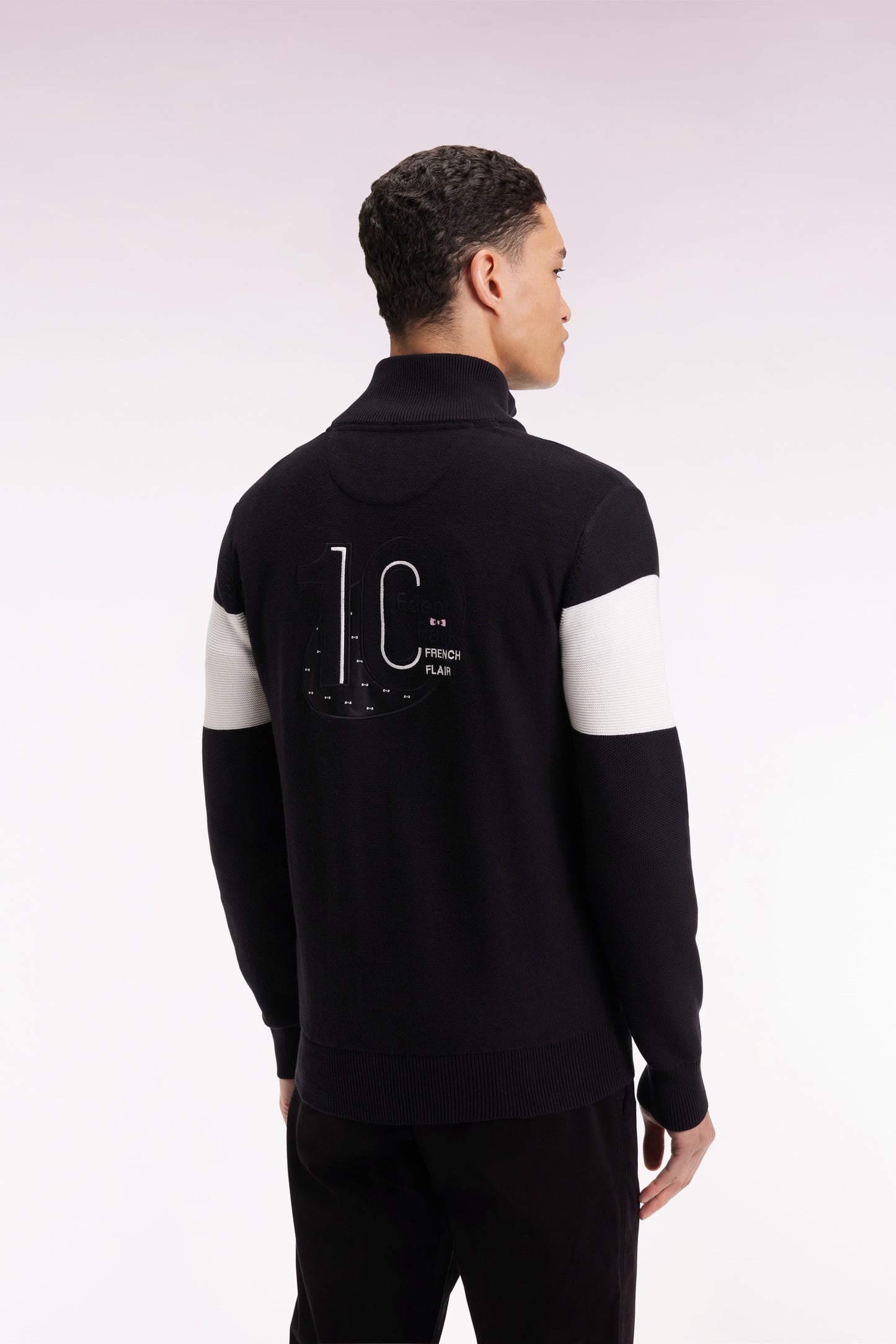 Pull col camionneur en coton noir broderie dos