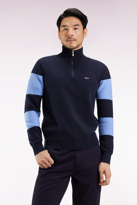 Pull col camionneur en coton marine et ciel broderie dos - Image 1