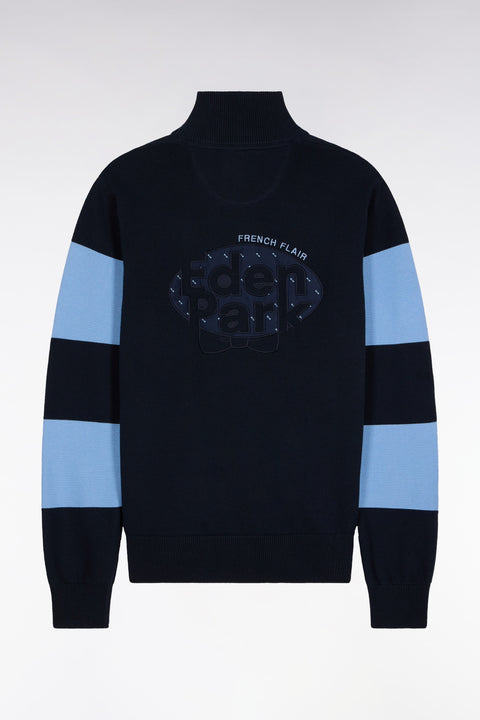 Pull col camionneur en coton marine et ciel broderie dos - Image 2