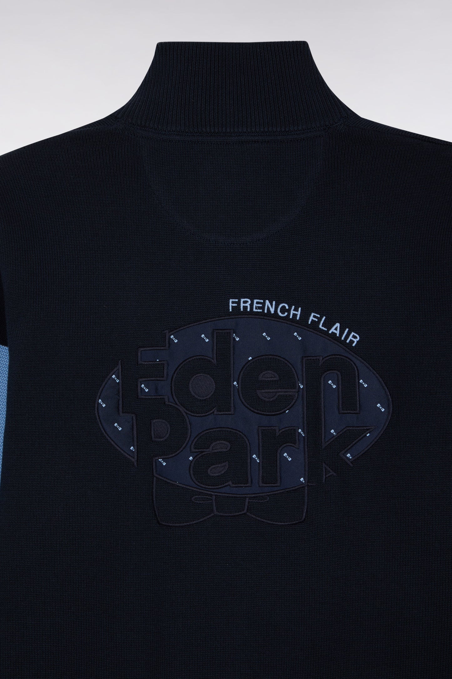 Navy cotton trucker-neck sweater with sky back embroidery