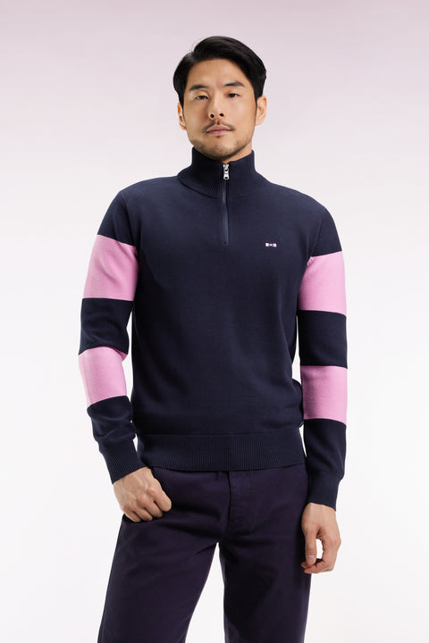 Pull col camionneur en coton marine et rose broderie dos - Image 1