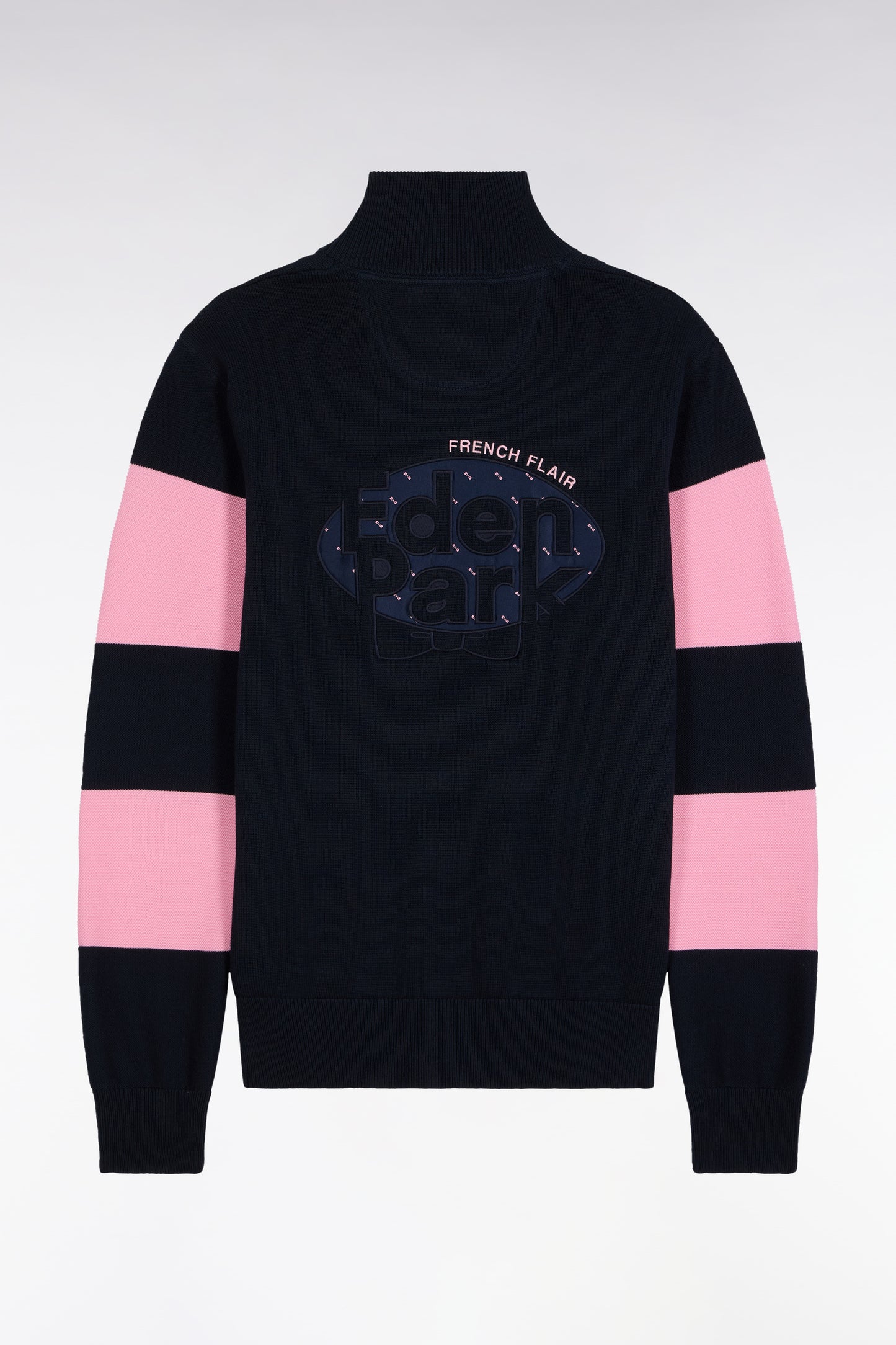 Pull col camionneur en coton marine et rose broderie dos