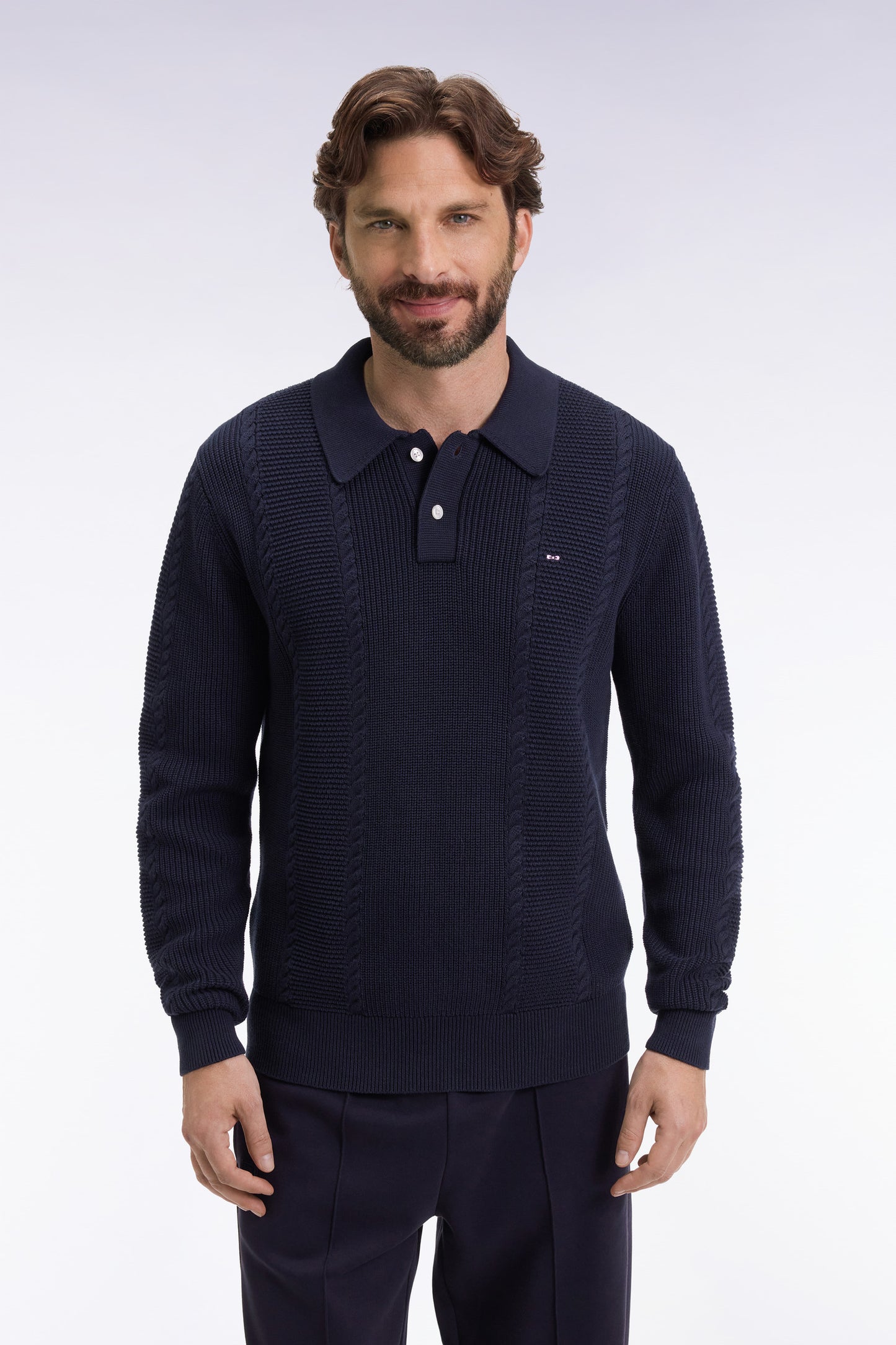 Pull à col polo bleu en coton marine