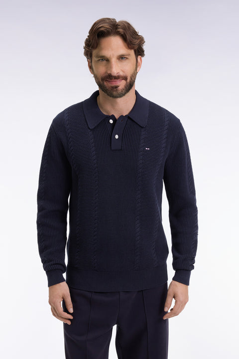 Pull à col polo bleu en coton marine - Image 1