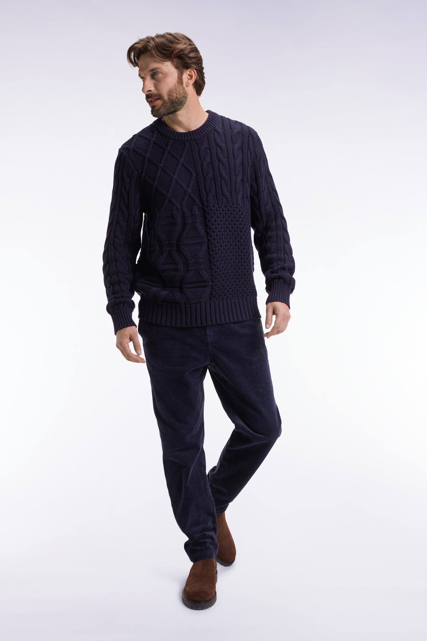 Pull col rond en laine et coton torsadé marine