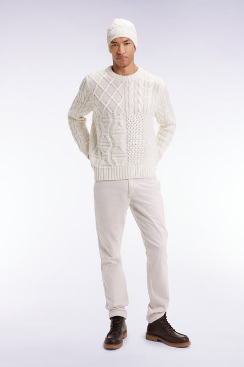 Round-neck wool and cotton cable sweater, white - Image 1