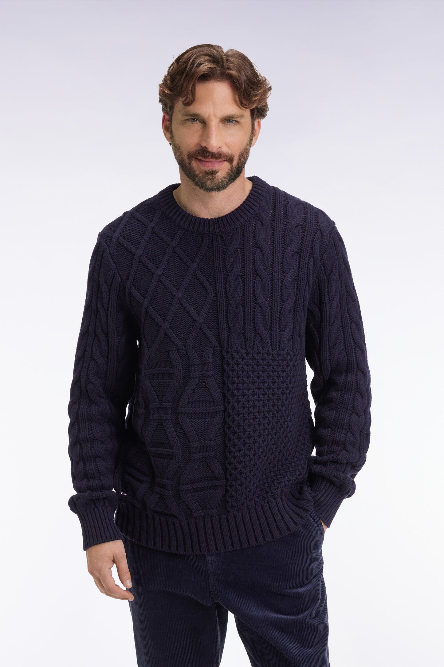 Pull col rond en laine et coton torsadé marine