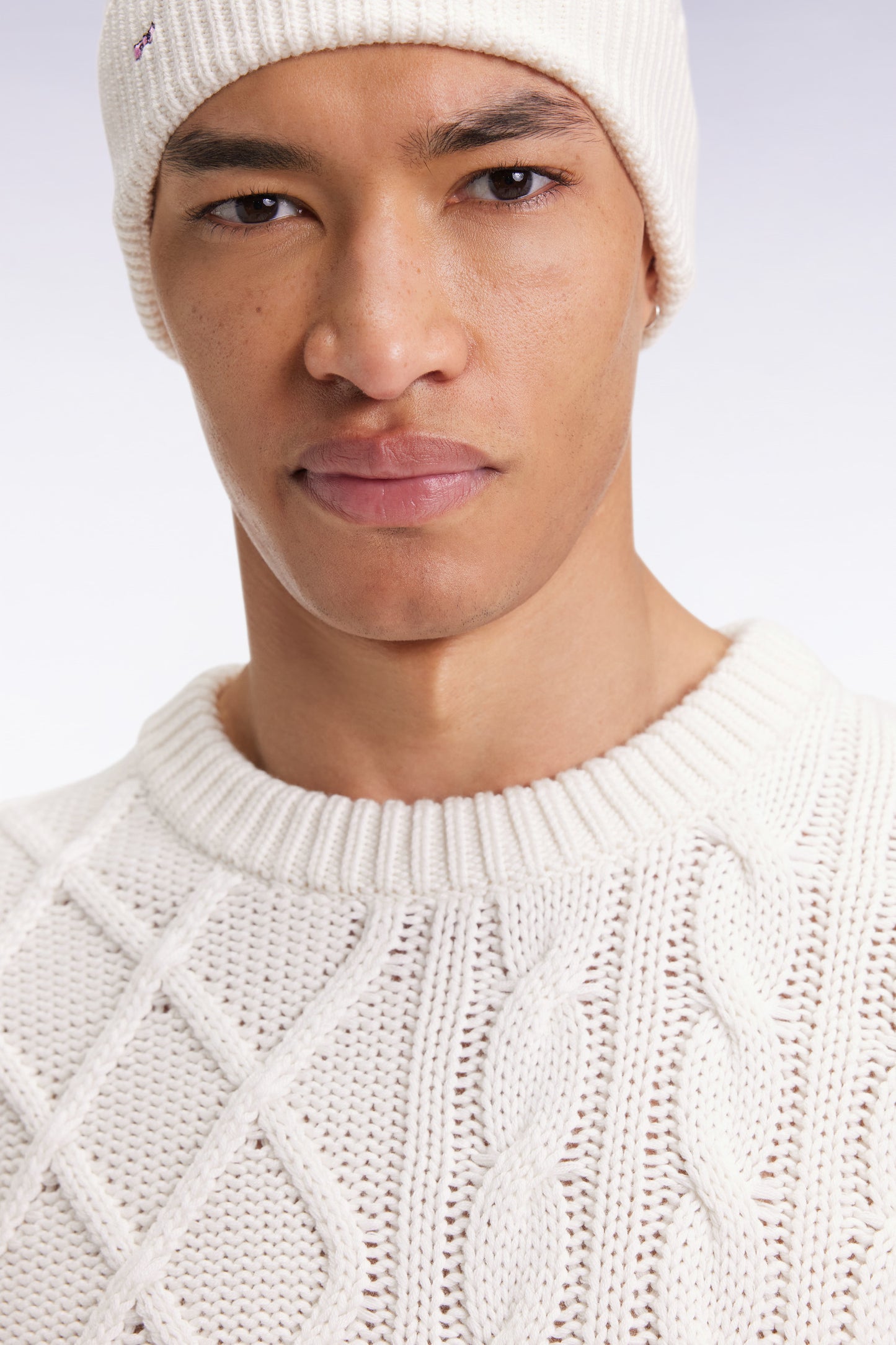 Pull col rond en laine et coton torsadé blanc