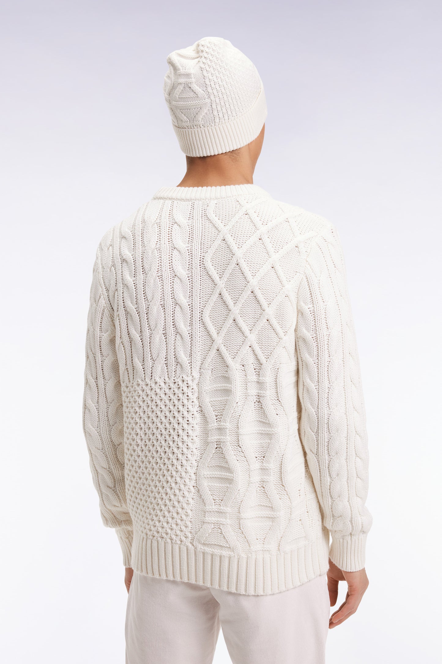 Pull col rond en laine et coton torsadé blanc