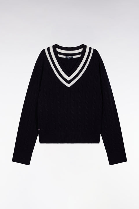 Pull cricket col V en laine et coton marine coupe Oversized - Image 2