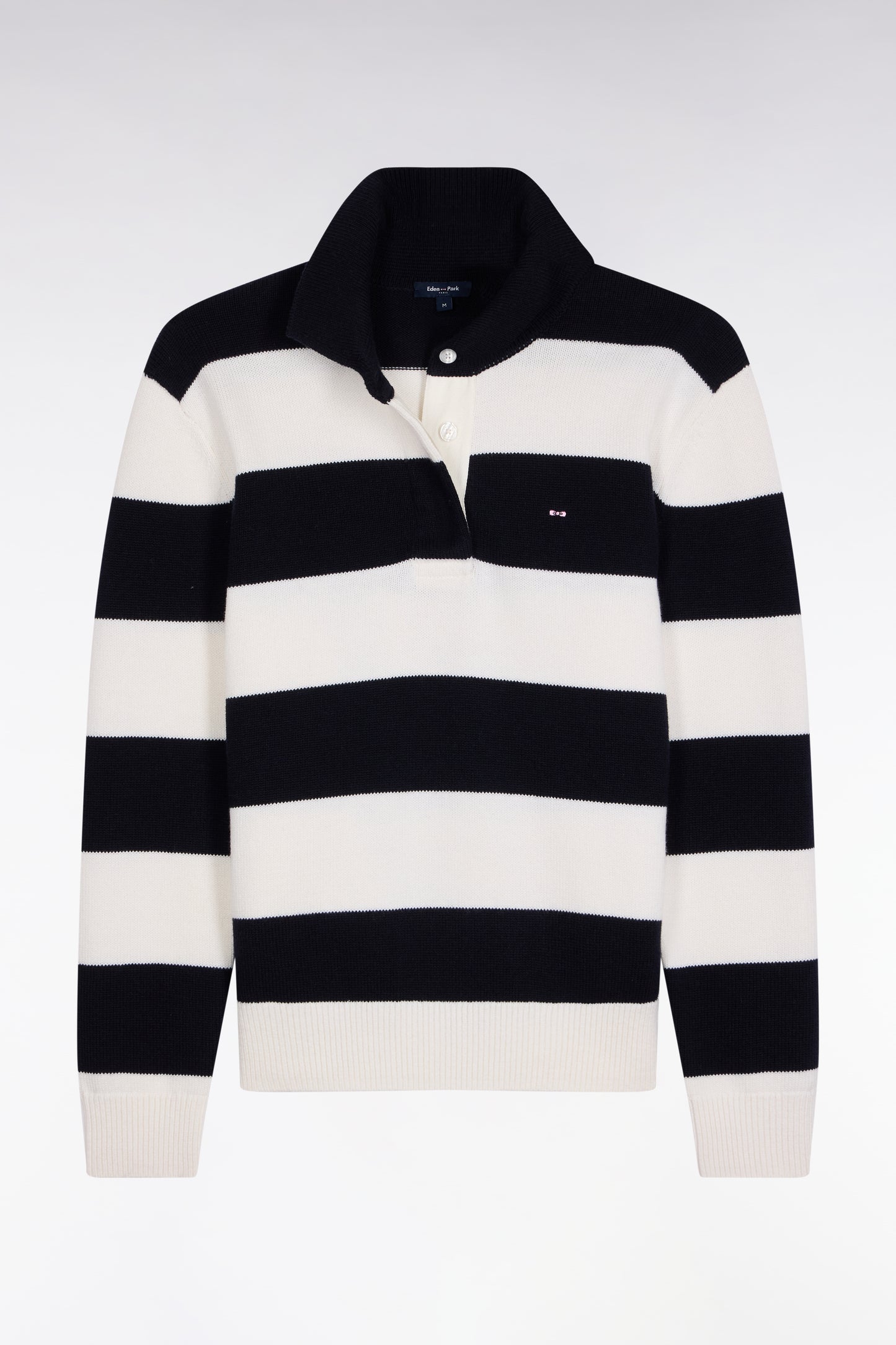 Pull à col maillot en laine et coton à rayures rugby marine et blanc coupe Relaxed