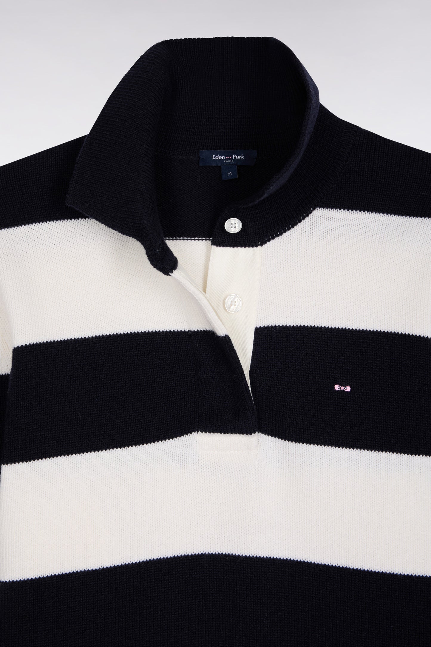 Pull à col maillot en laine et coton à rayures rugby marine et blanc coupe Relaxed