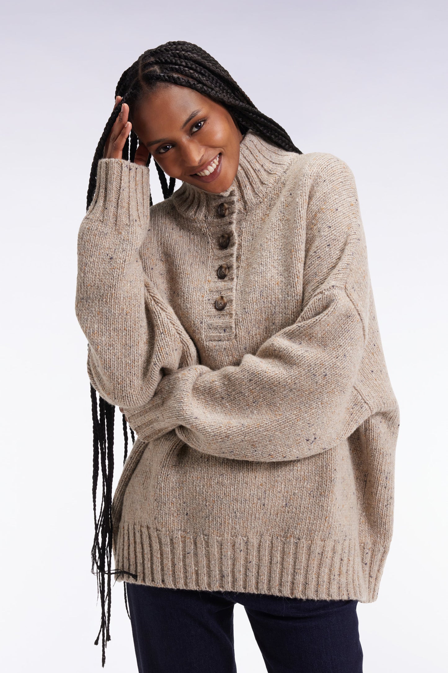 Pull col montant boutonné en laine moulinée mélangée beige coupe Oversized