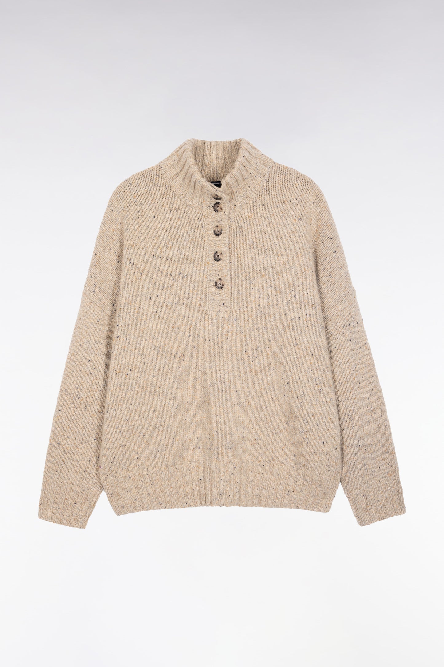 Pull col montant boutonné en laine moulinée mélangée beige coupe Oversized