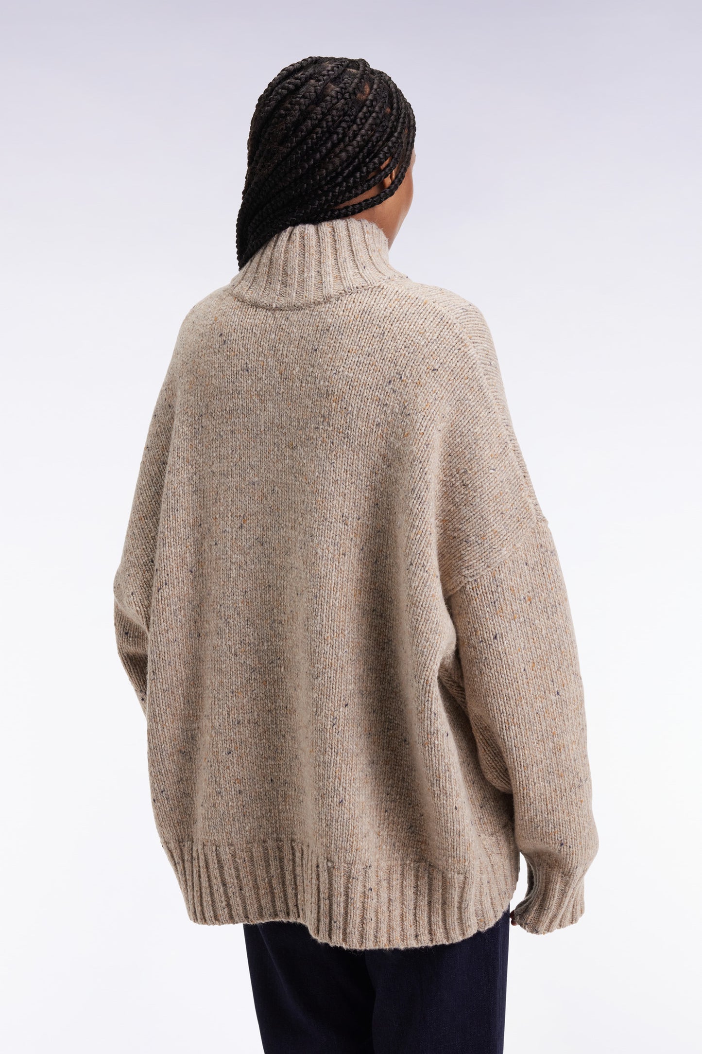 Pull col montant boutonné en laine moulinée mélangée beige coupe Oversized