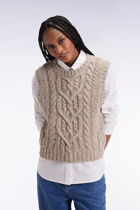 Pull à torsades sans manches en laine vierge mélangée beige coupe Relaxed - Image 3