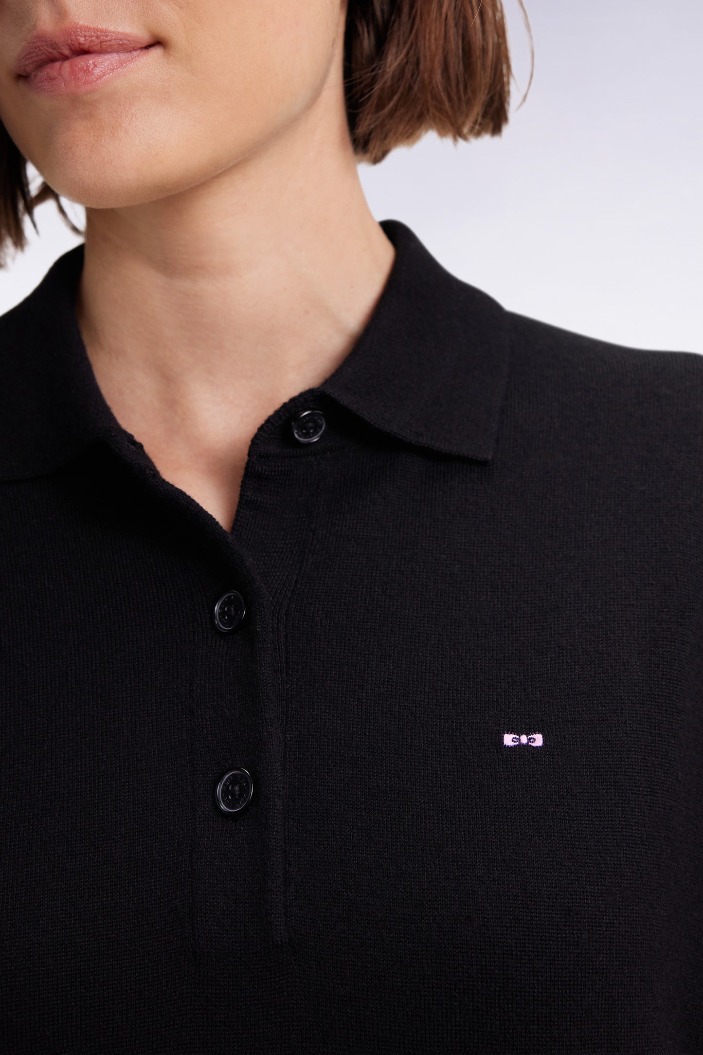Black merino wool dress with polo collar