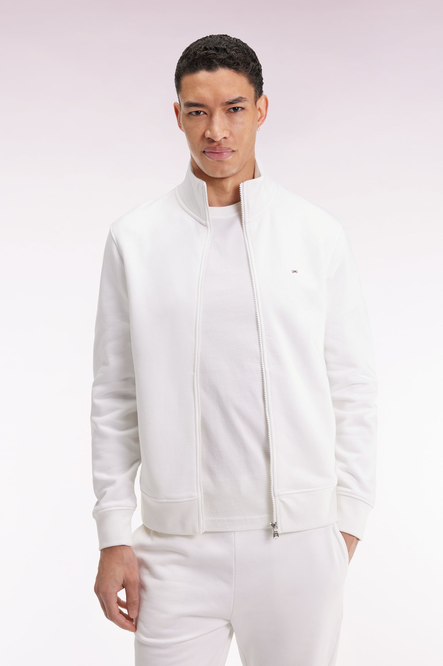 Sweatshirt zippé en coton blanc coupe droite