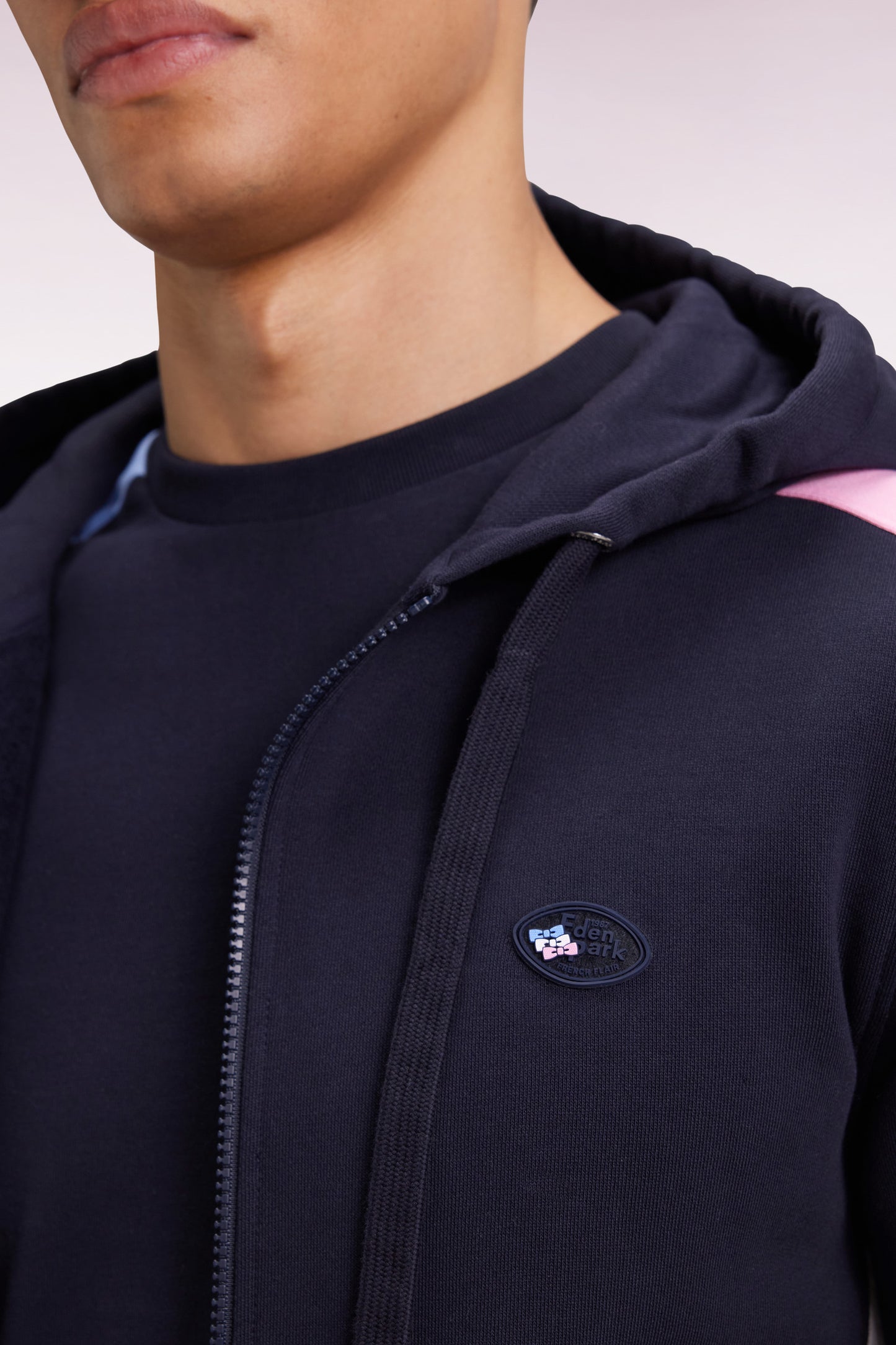 Zip-up hooded sweatshirt in navy fleece