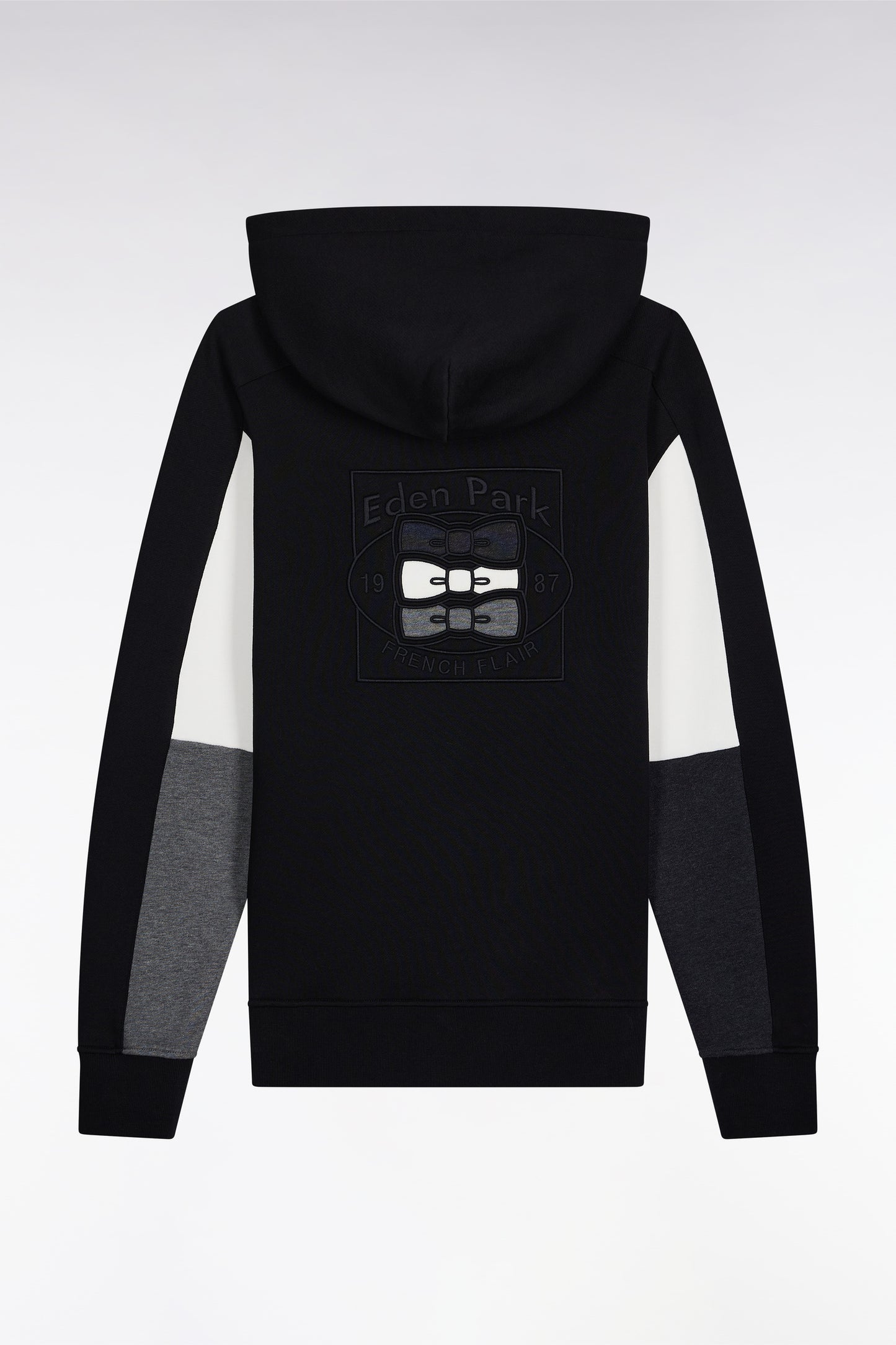 Sweatshirt à capuche noir découpes manches contrastées