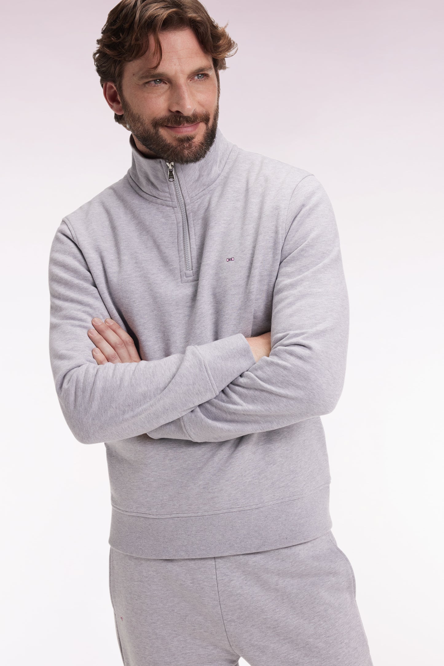 Sweatshirt à col montant zippé en molleton coton gris