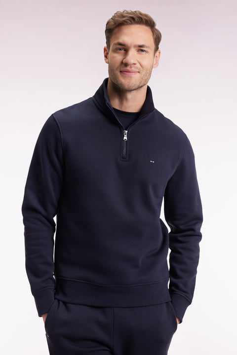 Sweatshirt à col montant zippé en molleton coton marine - Image 1