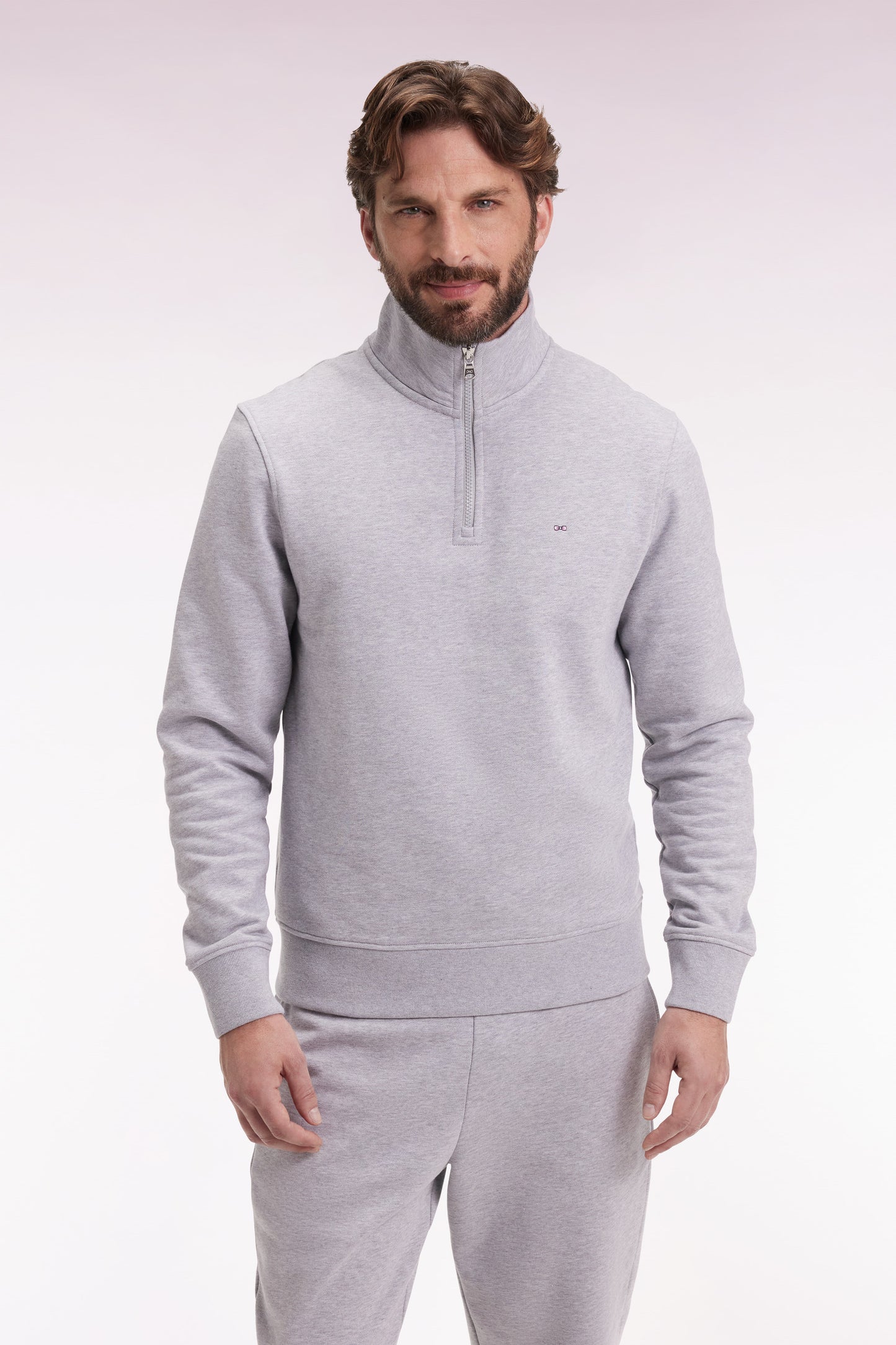 Sweatshirt à col montant zippé en molleton coton gris