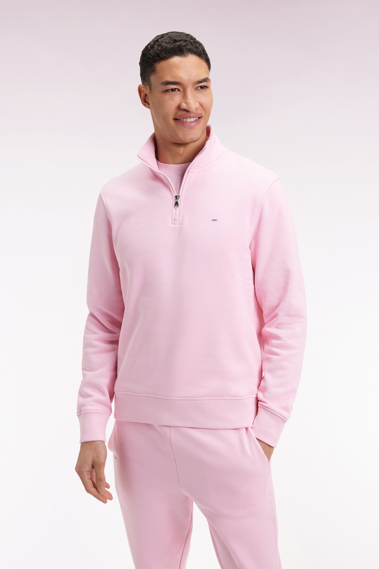 Sweatshirt à col montant zippé en molleton coton rose