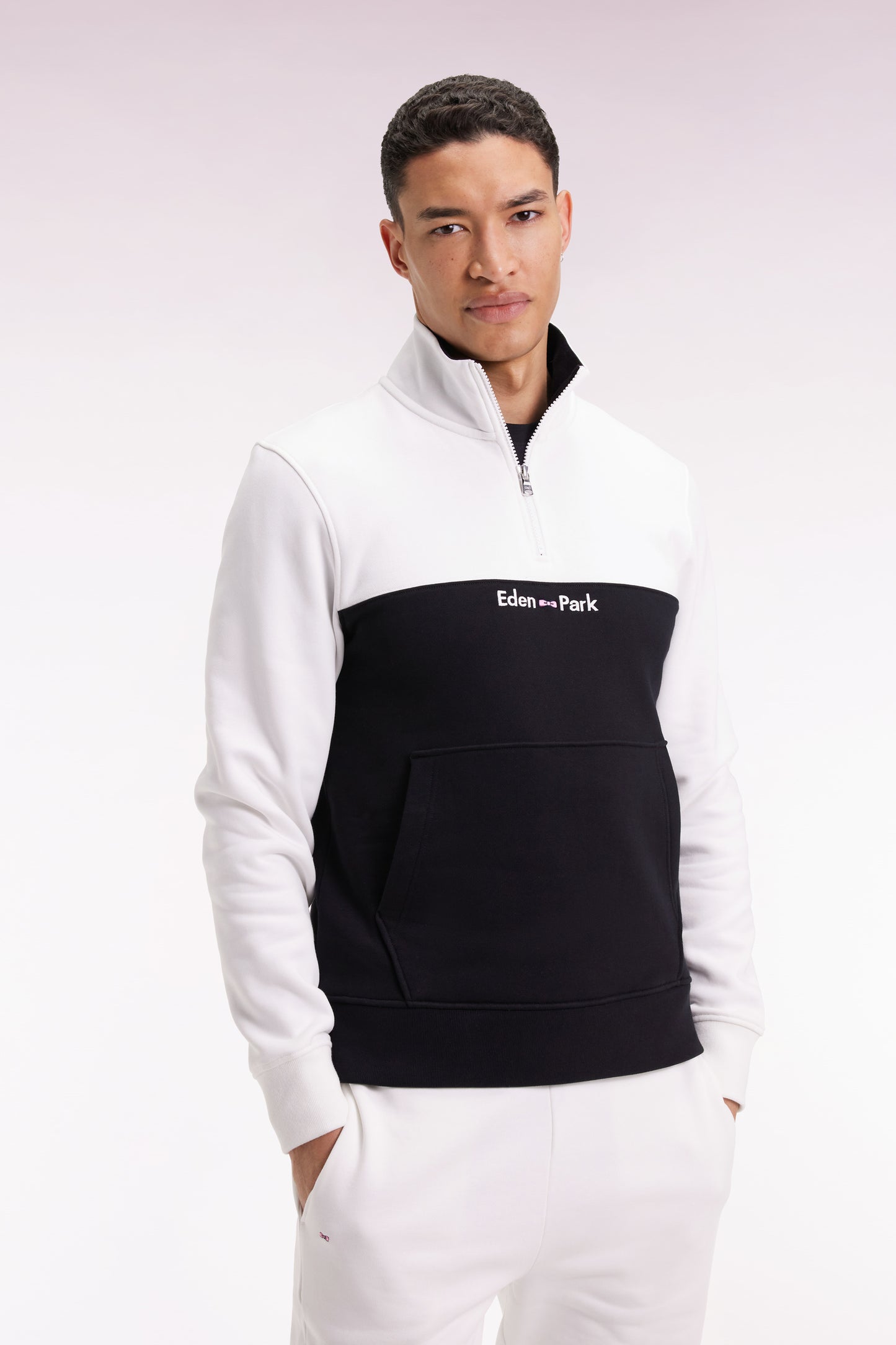 Sweatshirt col camionneur en molleton bicolore blanc
