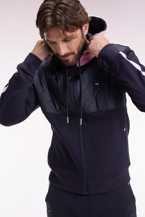 Sweatshirt zippé en interlock bimatière matelassé marine et rose - Image 1