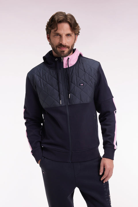 Sweatshirt zippé en interlock bimatière matelassé marine et rose - Image 1