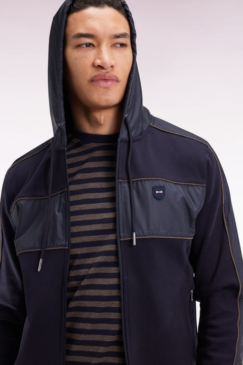 Sweatshirt zippé à capuche en molleton et nylon marine et beige - Image 1