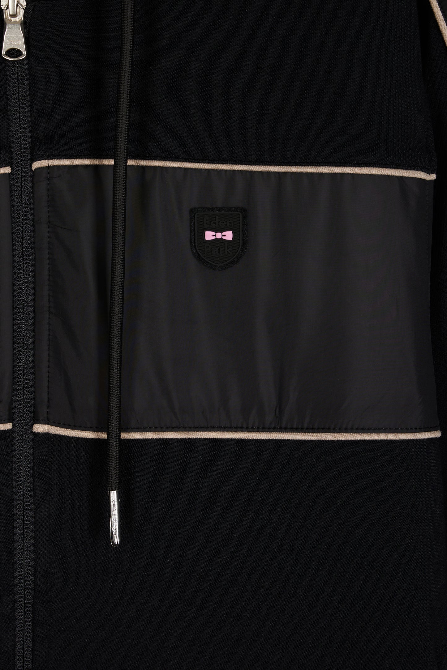 Sweatshirt zippé à capuche en molleton et nylon noir et beige