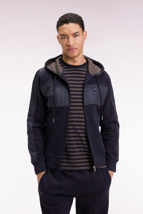 Sweatshirt zippé à capuche en molleton et nylon marine et beige - Image 3