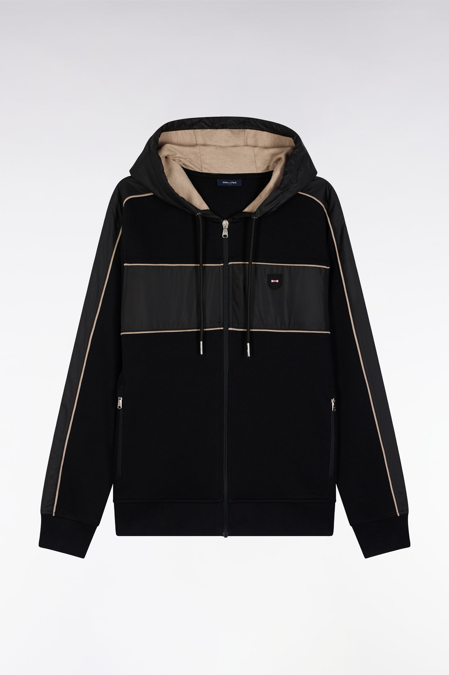 Sweatshirt zippé à capuche en molleton et nylon noir et beige