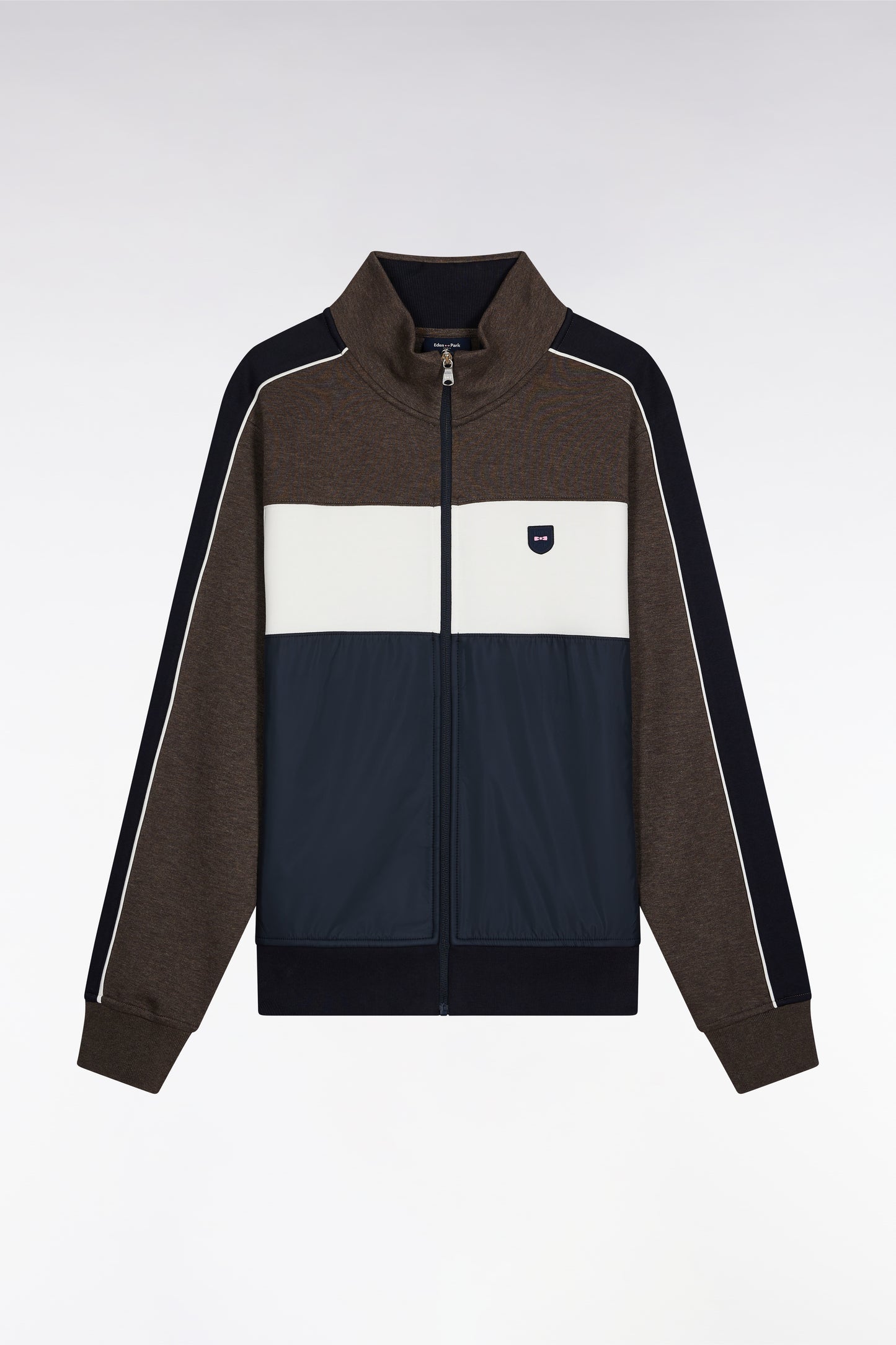Sweatshirt zippé bimatière en nylon matelassé marron
