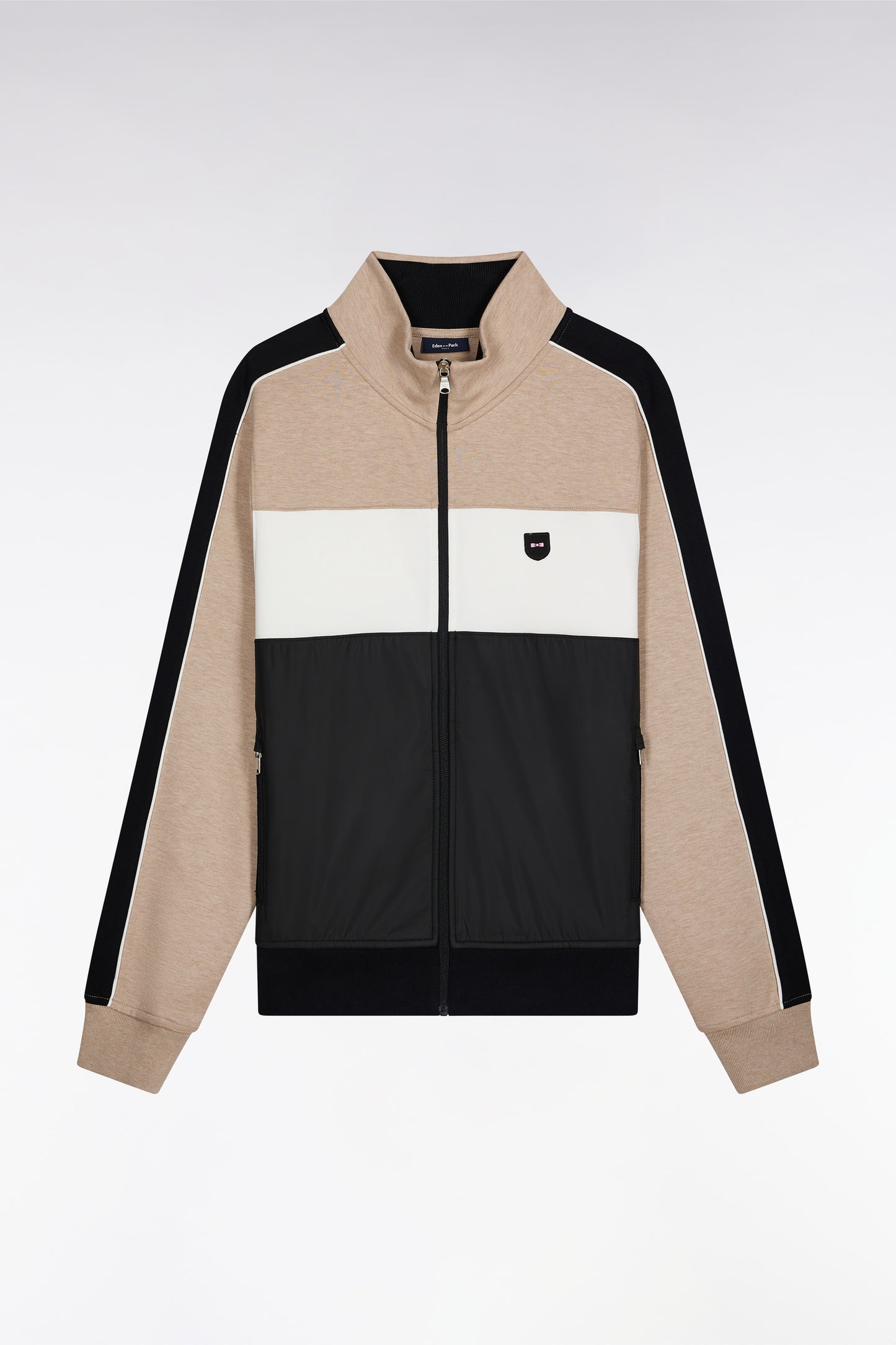 Sweatshirt zippé bimatière en nylon matelassé beige