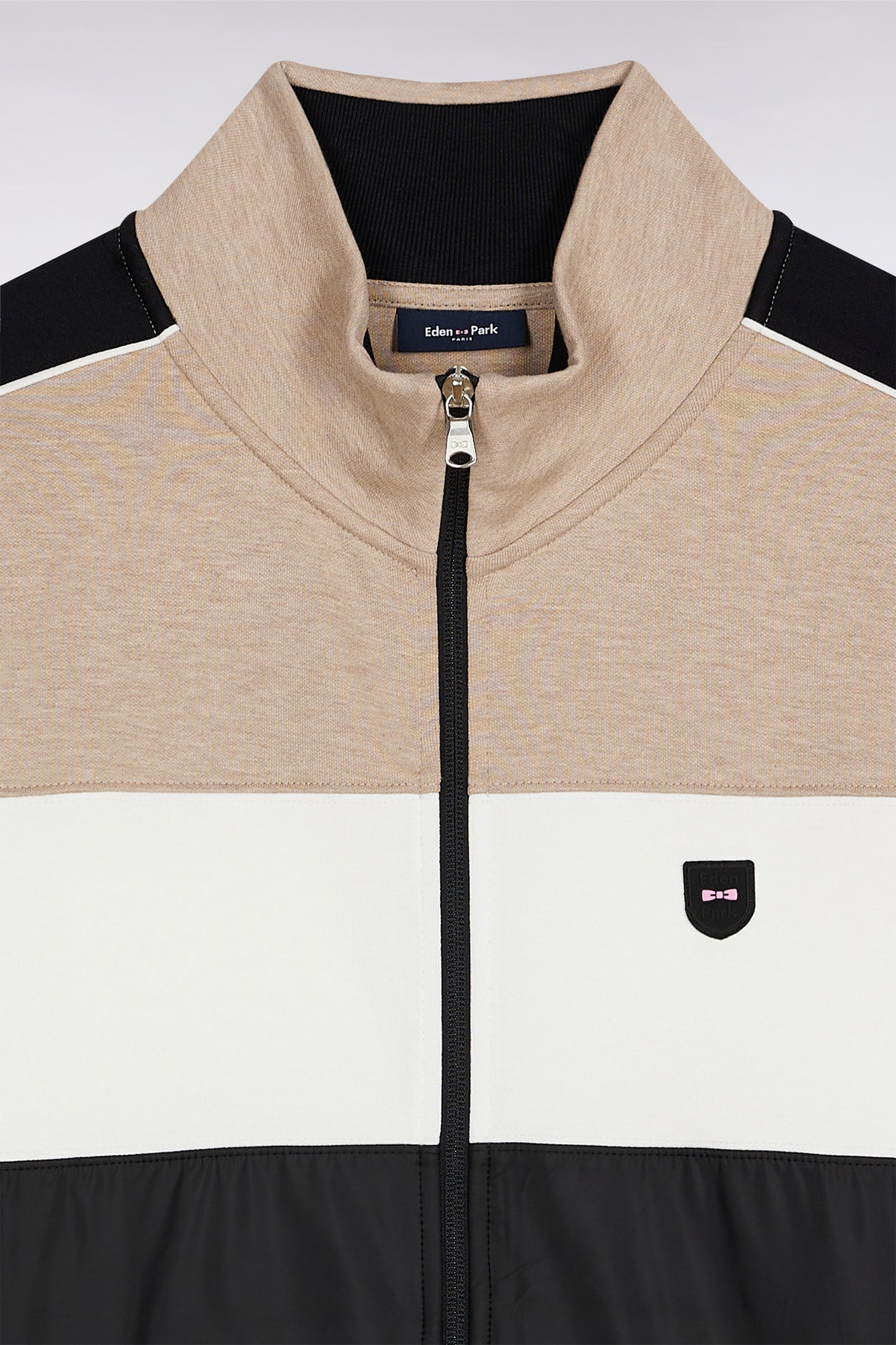 Sweatshirt zippé bimatière en nylon matelassé beige