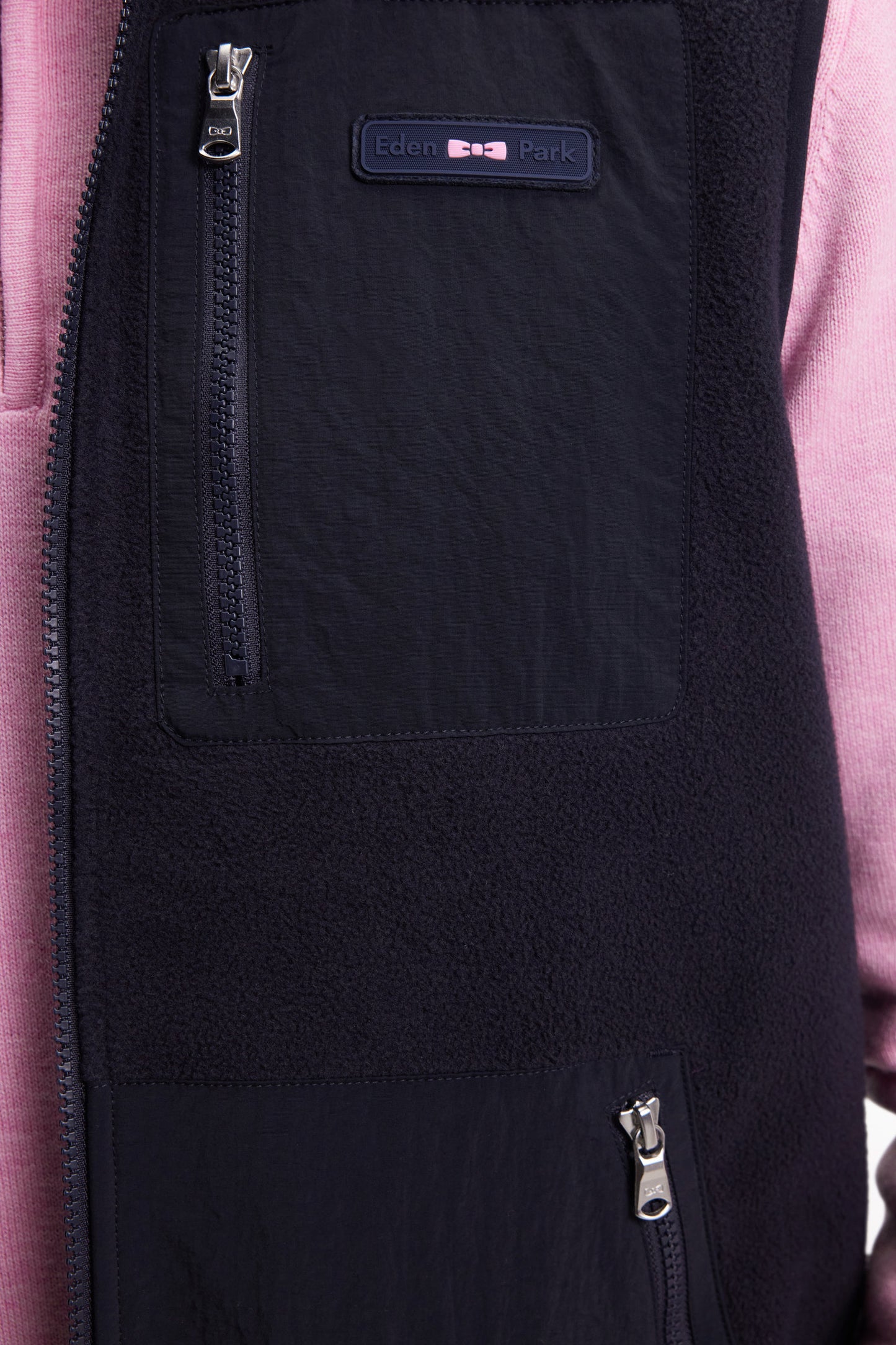 Sweatshirt sans manches zippé à capuche bimatière marine coupe droite