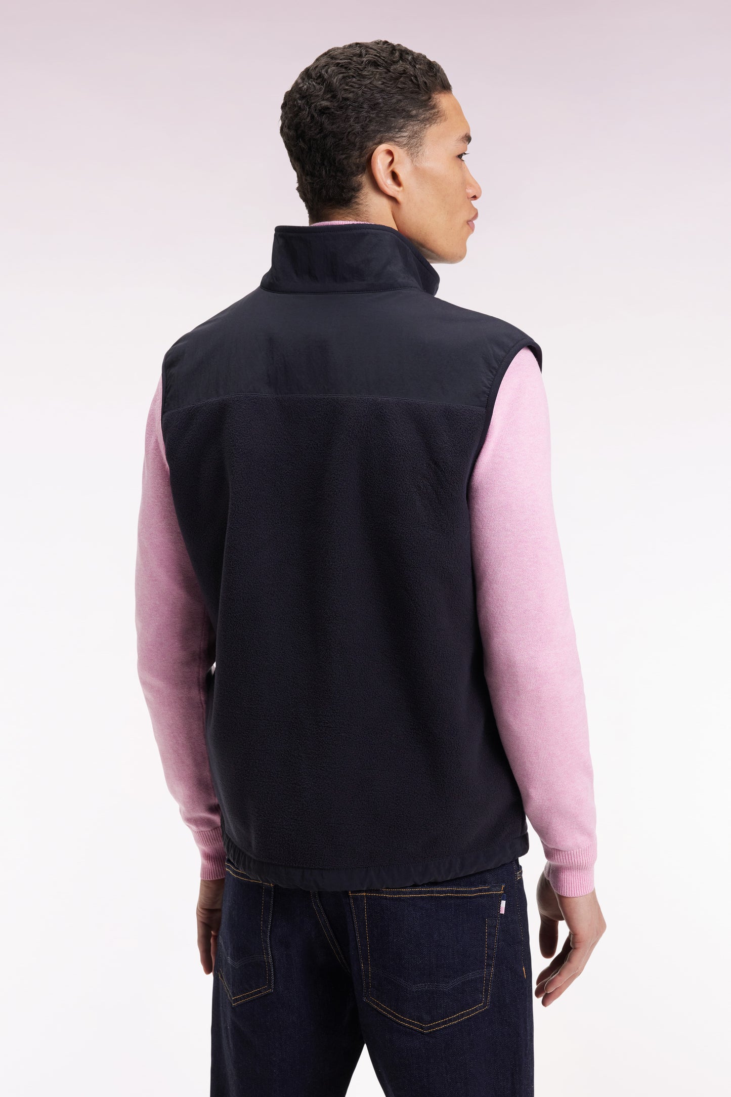 Sweatshirt sans manches zippé à capuche bimatière marine coupe droite