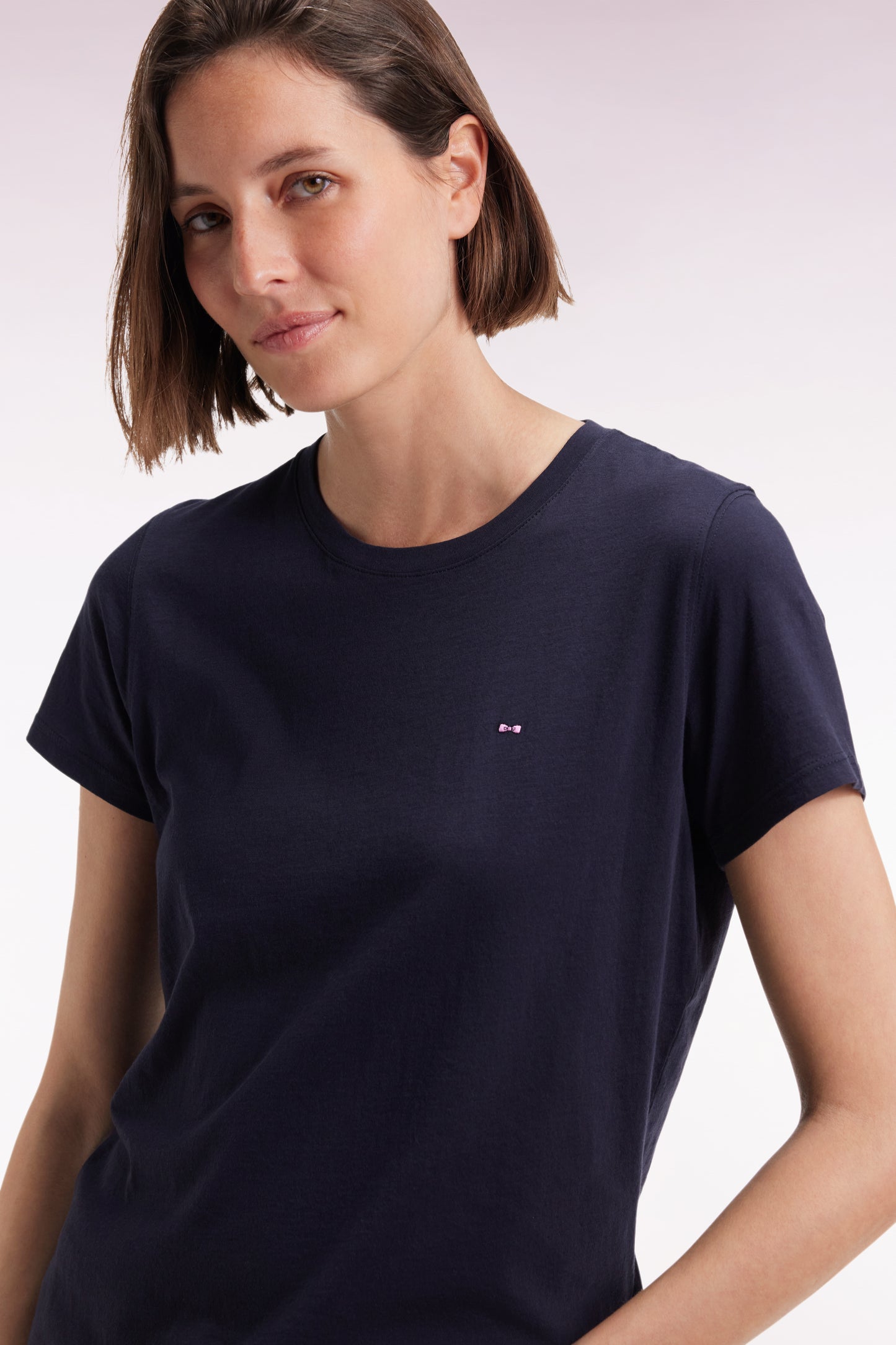 Short-sleeved T-shirt in navy Pima cotton with round collar