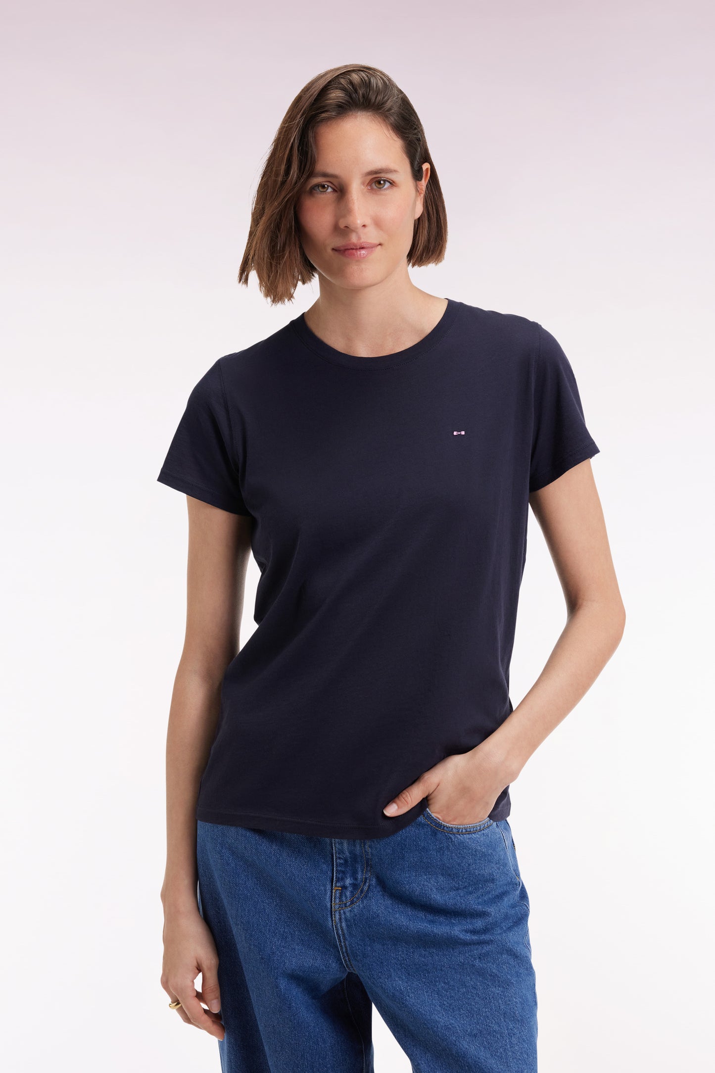 Short-sleeved T-shirt in navy Pima cotton with round collar