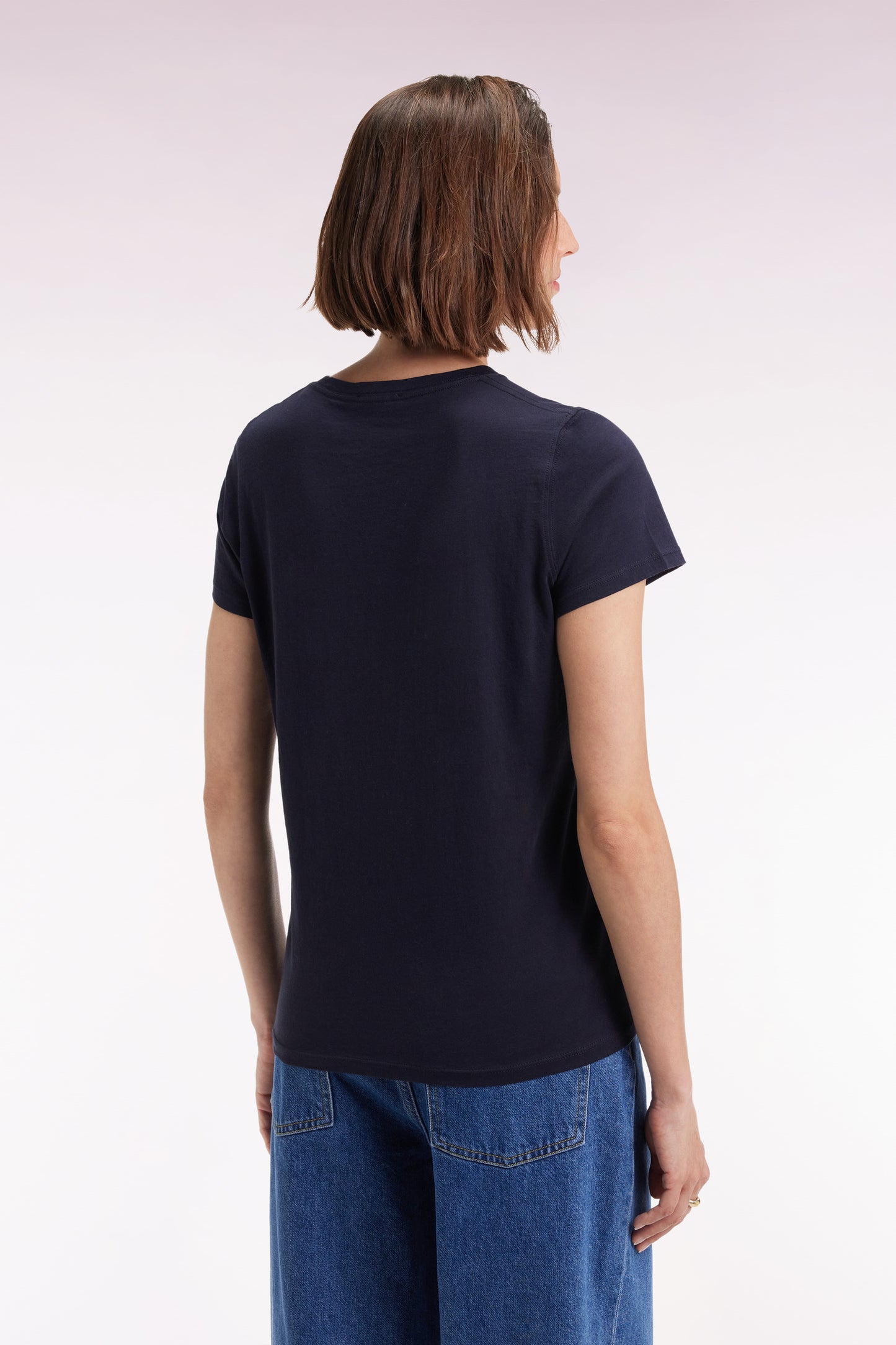 Short-sleeved T-shirt in navy Pima cotton with round collar