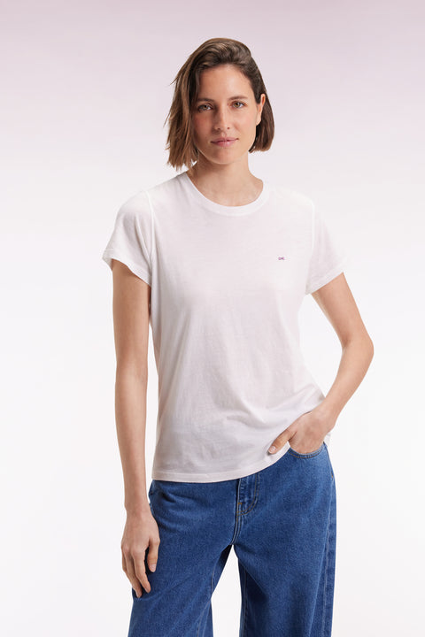 T-shirt à manches courtes en coton Pima blanc col rond - Image 3